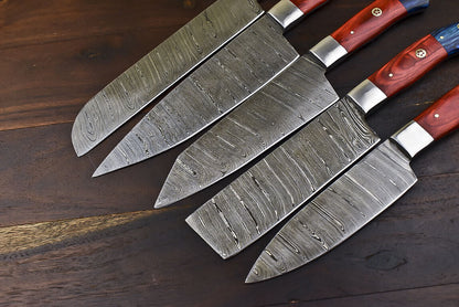 Custom Handmade Damascus Chef Knife Set of 5 | Hardwood Handle, Steel Bolster, Full Tang Survival Bushcraft Knives