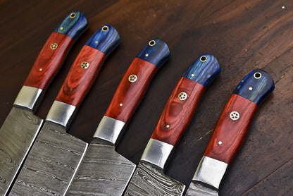 Custom Handmade Damascus Chef Knife Set of 5 | Hardwood Handle, Steel Bolster, Full Tang Survival Bushcraft Knives