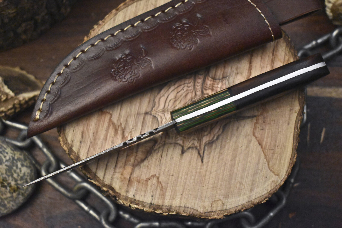 Custom Twist Damascus Skinner Knife with Walnut Wood Handle and Leather Sheath
