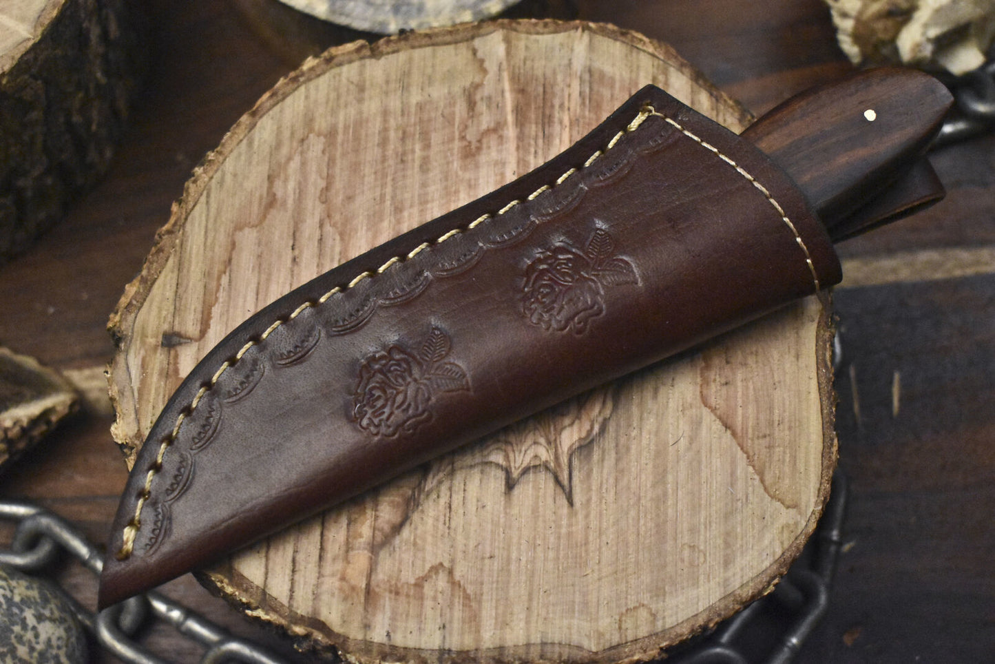 Custom Twist Damascus Skinner Knife with Walnut Wood Handle and Leather Sheath