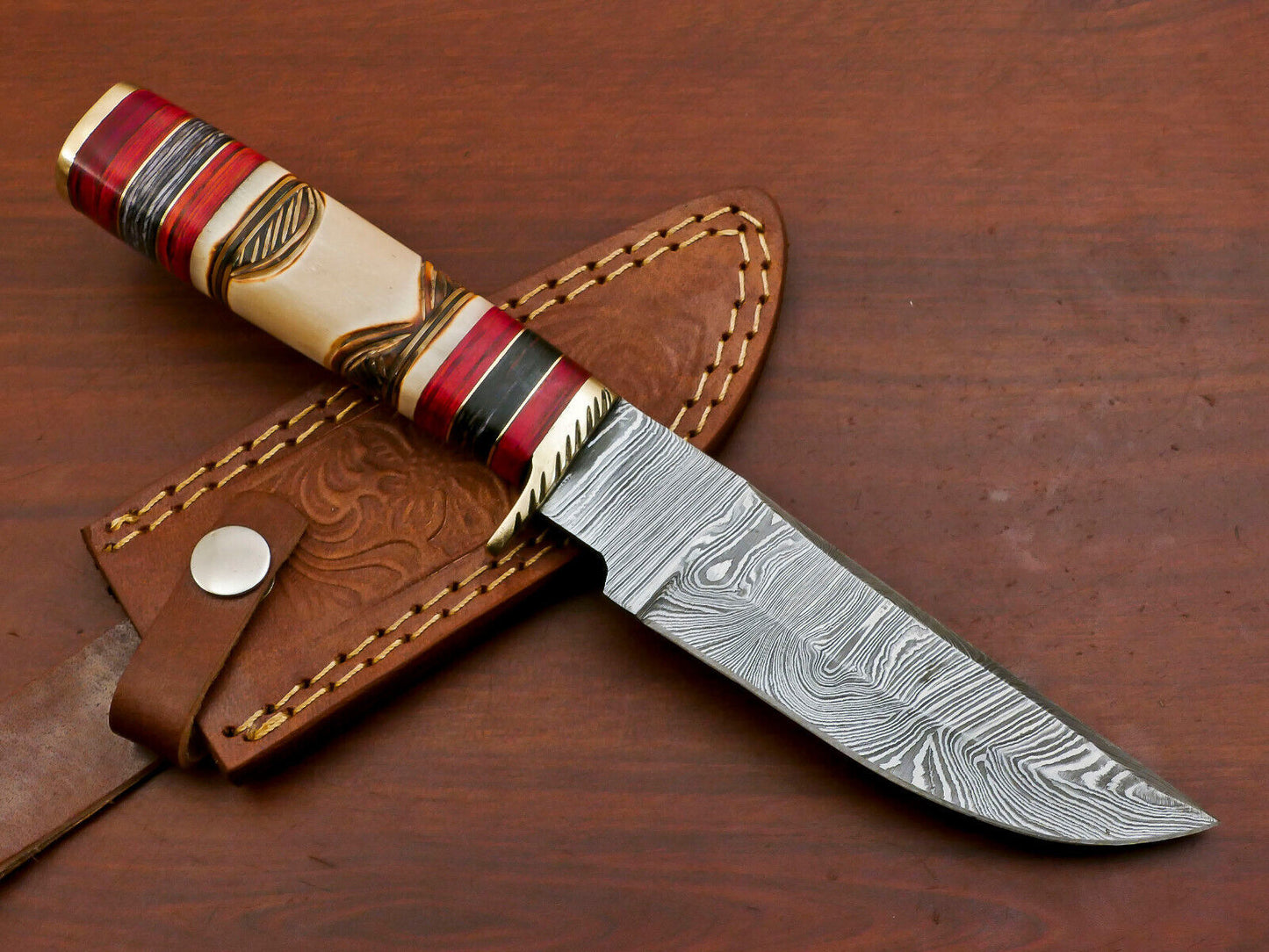 Handmade Damascus Engraved Burn Bone Bowie Hunting Knife