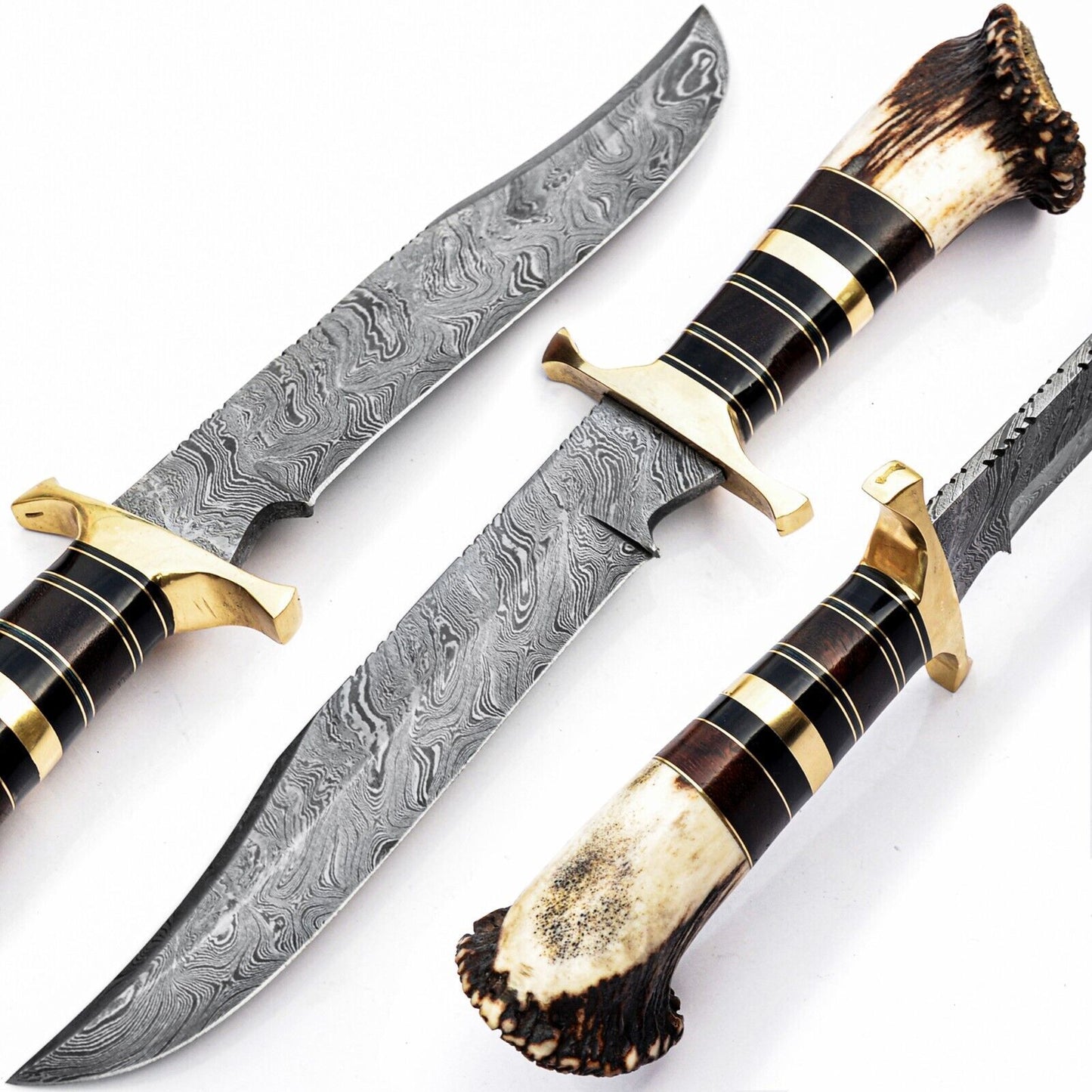 Heritage Forge 15 Inch Handmade Damascus Steel Bowie Knife with Stag Antler Handle – Full Tang Hunting & Survival Knife