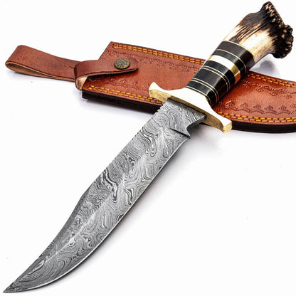 Heritage Forge 15 Inch Handmade Damascus Steel Bowie Knife with Stag Antler Handle – Full Tang Hunting & Survival Knife