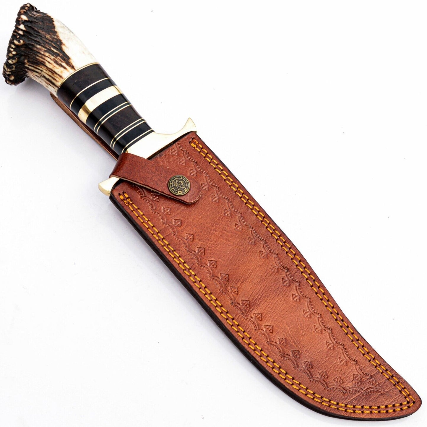 Heritage Forge 15 Inch Handmade Damascus Steel Bowie Knife with Stag Antler Handle – Full Tang Hunting & Survival Knife
