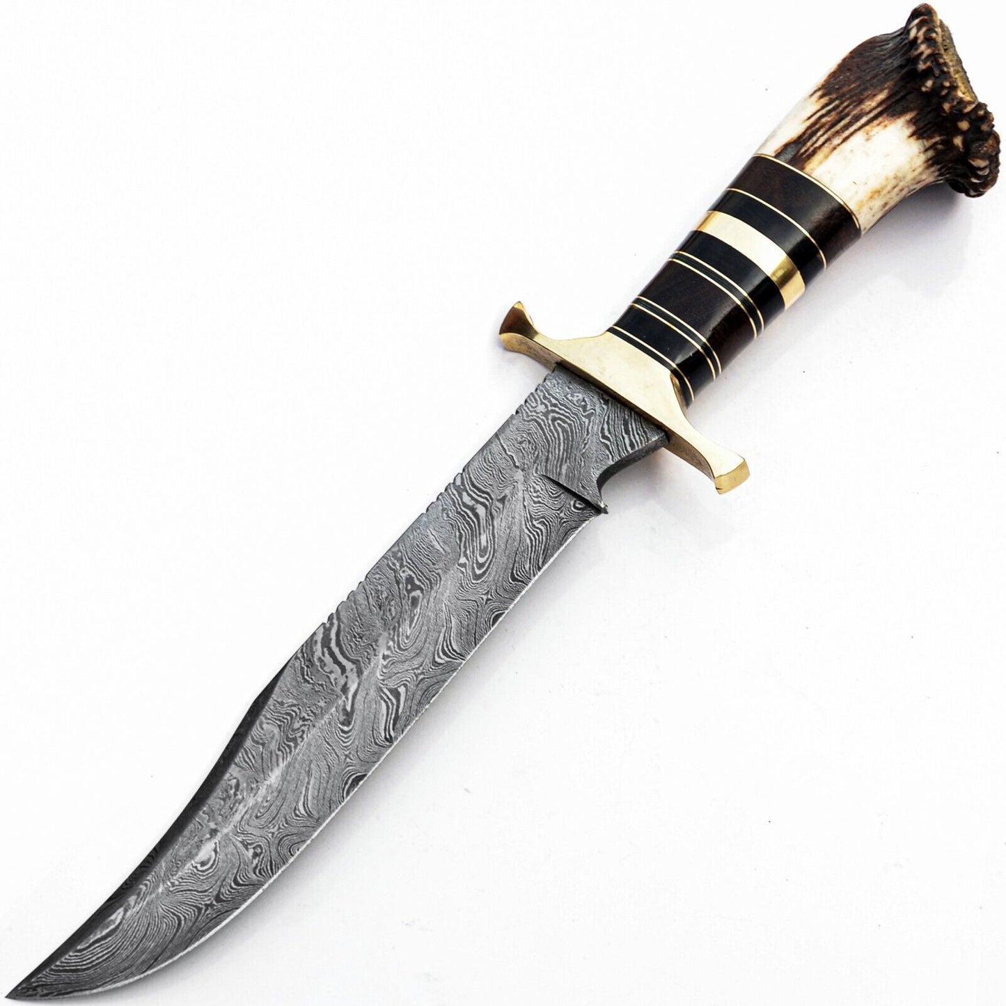 Heritage Forge 15 Inch Handmade Damascus Steel Bowie Knife with Stag Antler Handle – Full Tang Hunting & Survival Knife