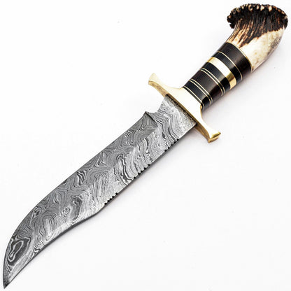 Heritage Forge 15 Inch Handmade Damascus Steel Bowie Knife with Stag Antler Handle – Full Tang Hunting & Survival Knife