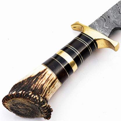 Heritage Forge 15 Inch Handmade Damascus Steel Bowie Knife with Stag Antler Handle – Full Tang Hunting & Survival Knife