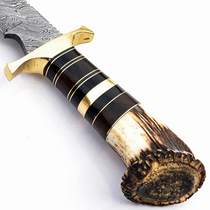 Heritage Forge 15 Inch Handmade Damascus Steel Bowie Knife with Stag Antler Handle – Full Tang Hunting & Survival Knife