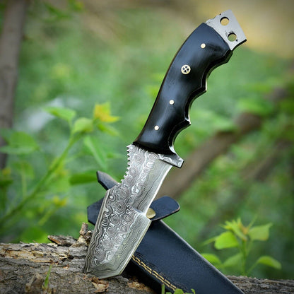 8 Inch Damascus Steel Bowie Tracker Knife with Bull Horn Handle