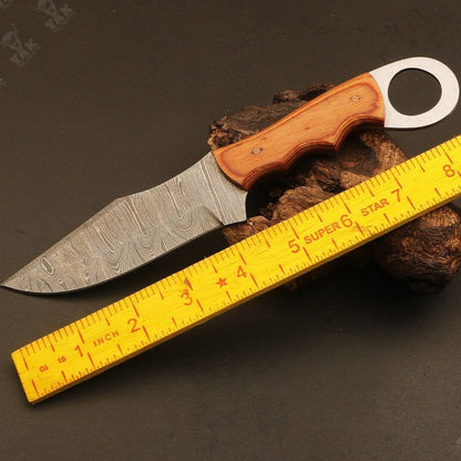 Heritage Forge Ladder Pattern Damascus Hunting Knife with Wood Handle