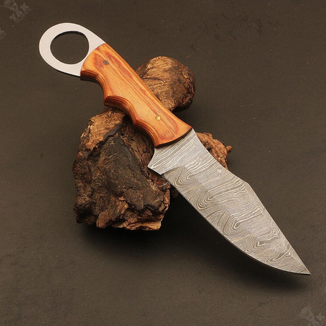 Heritage Forge Ladder Pattern Damascus Hunting Knife with Wood Handle