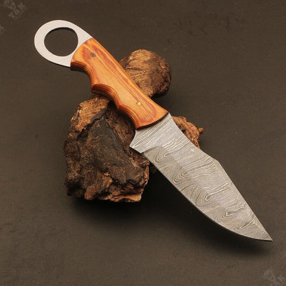 Heritage Forge Ladder Pattern Damascus Hunting Knife with Wood Handle