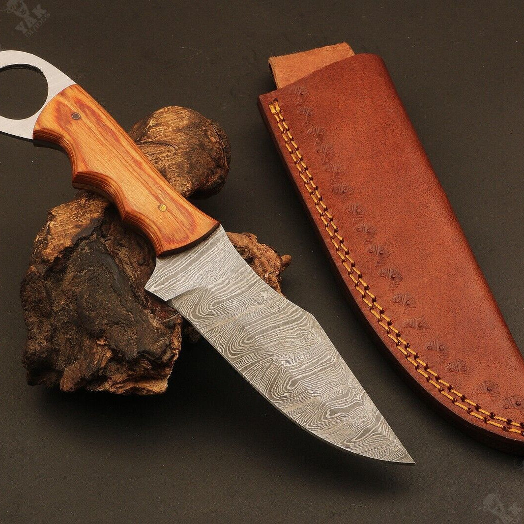 Heritage Forge Ladder Pattern Damascus Hunting Knife with Wood Handle