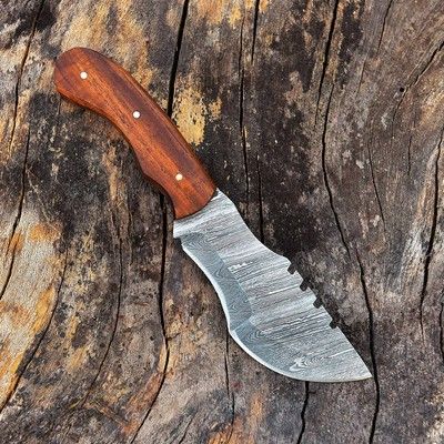 Handmade Damascus Tracker Knife – Horizontal Carry Scout Knife with Wood Handle & Leather Sheath