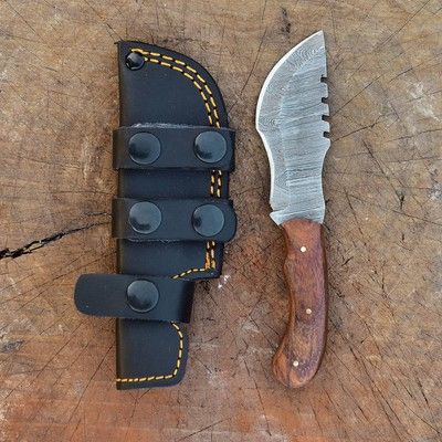 Handmade Damascus Tracker Knife – Horizontal Carry Scout Knife with Wood Handle & Leather Sheath