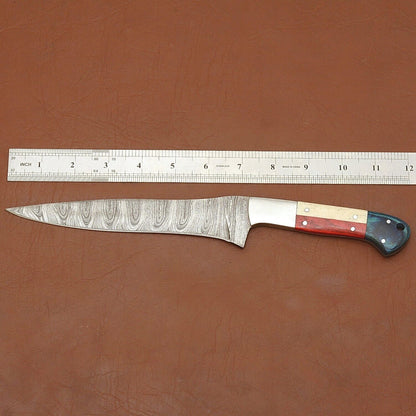 Handmade Damascus Steel Chef Knife – Kitchen Knife with Wood Handle & Leather Sheath
