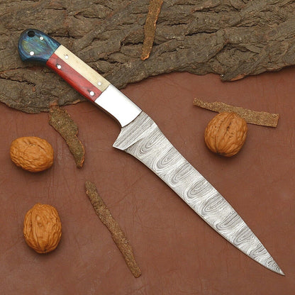 Handmade Damascus Steel Chef Knife – Kitchen Knife with Wood Handle & Leather Sheath