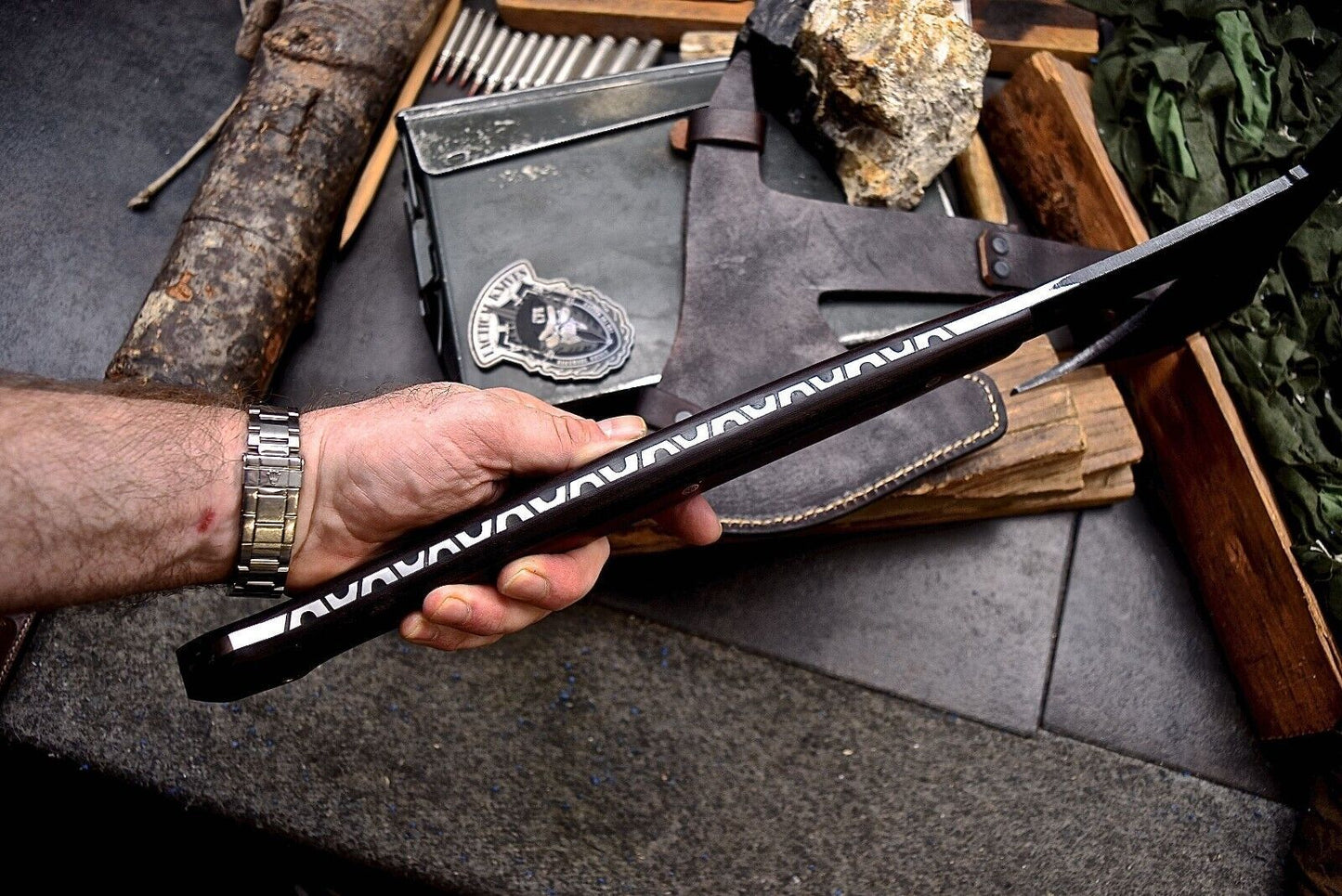 Custom Viking Battle Axe Tomahawk – Tactical Chopper Knife with Leather Sheath