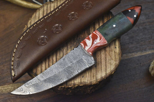 Twist Damascus Skinner Knife with Corian Handle and Micarta Bolster – Hand Forged Hunting Blade