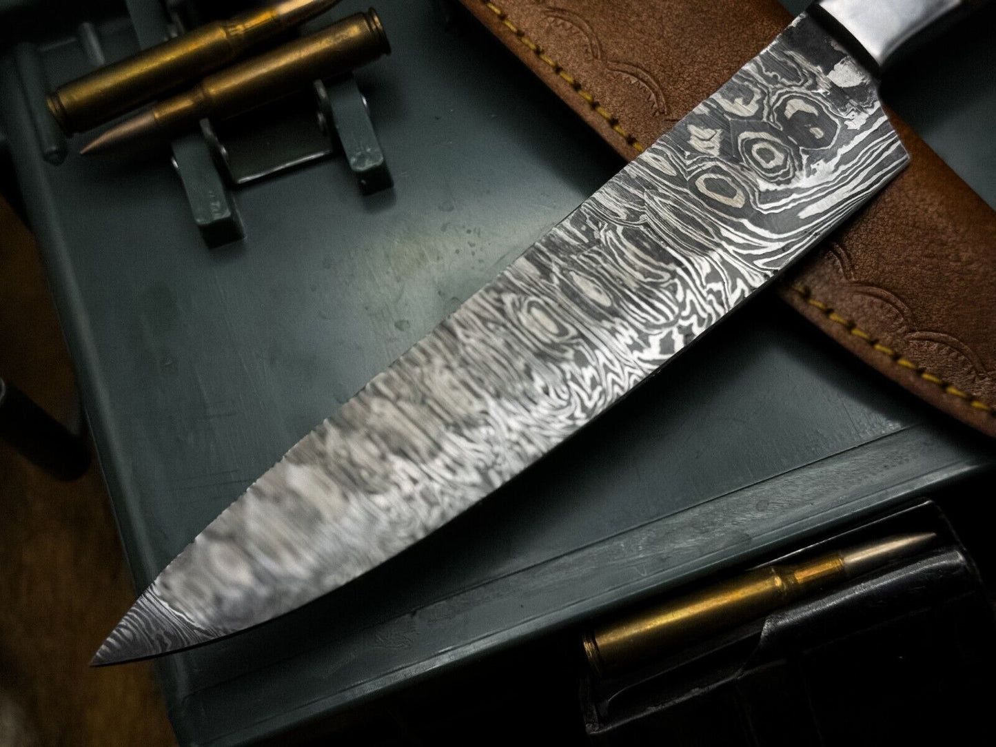 Handmade Damascus Steel Kitchen Chef Knife with Wood Handle & Cow Leather Sheath