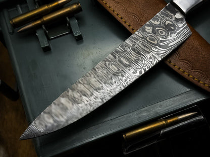 Handmade Damascus Steel Kitchen Chef Knife with Wood Handle & Cow Leather Sheath