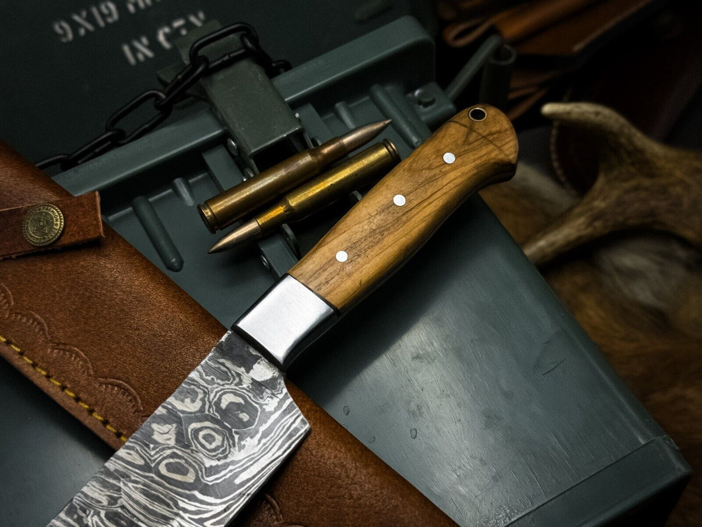Handmade Damascus Steel Kitchen Chef Knife with Wood Handle & Cow Leather Sheath