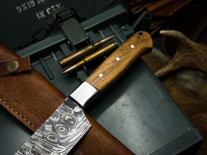 Handmade Damascus Steel Kitchen Chef Knife with Wood Handle & Cow Leather Sheath