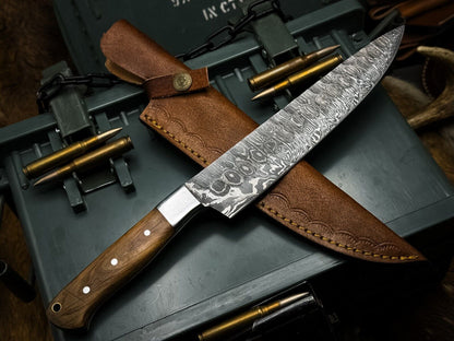 Handmade Damascus Steel Kitchen Chef Knife with Wood Handle & Cow Leather Sheath
