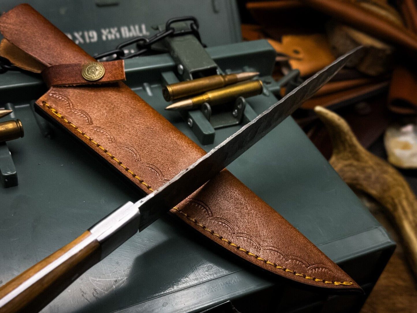 Handmade Damascus Steel Kitchen Chef Knife with Wood Handle & Cow Leather Sheath