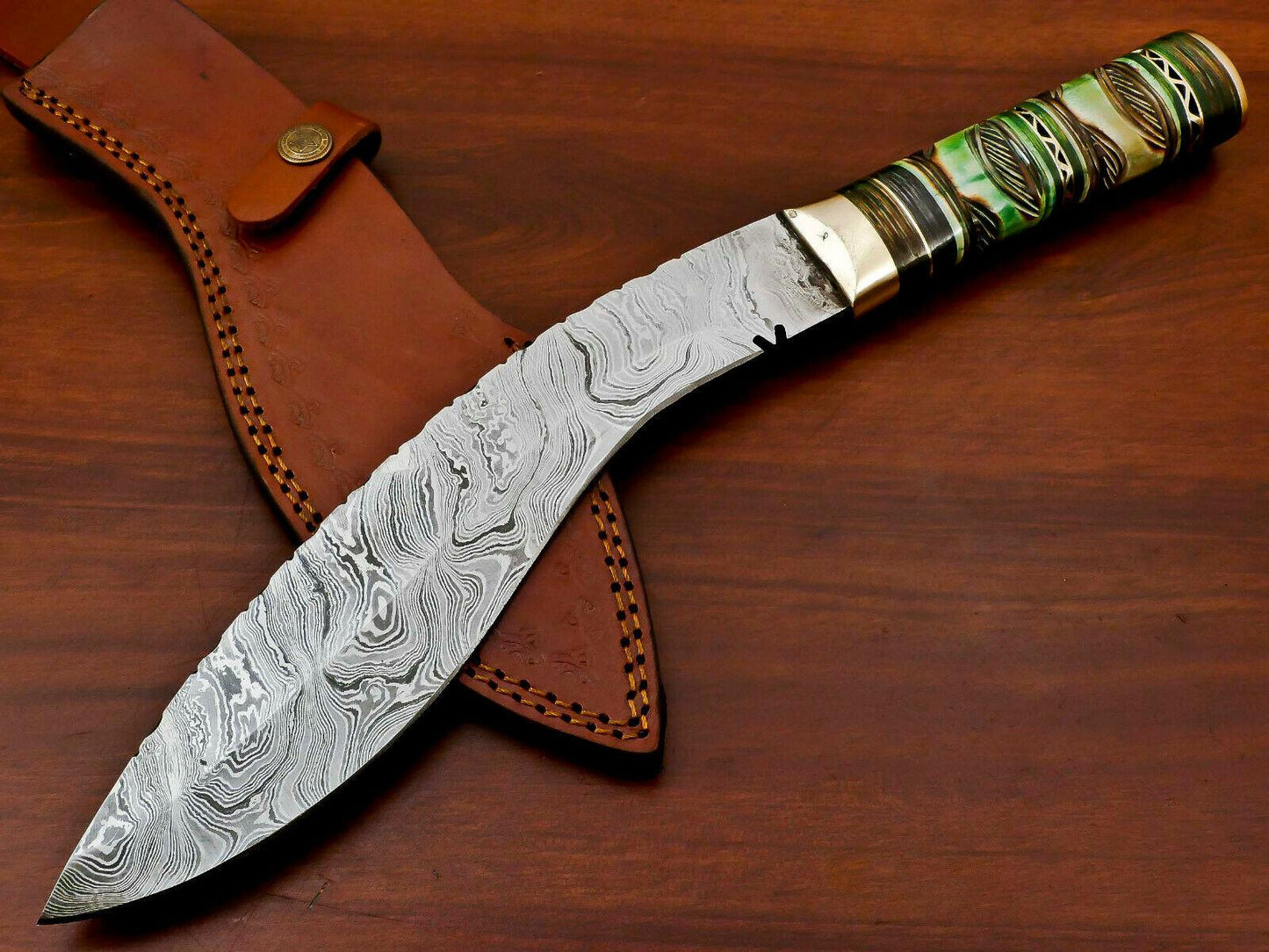 15" Handmade Damascus Khukri Kukri Bowie Knife – Engraved Bone Handle