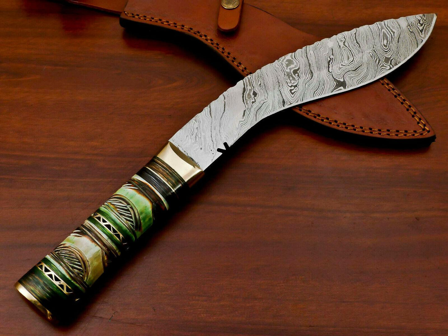 15" Handmade Damascus Khukri Kukri Bowie Knife – Engraved Bone Handle
