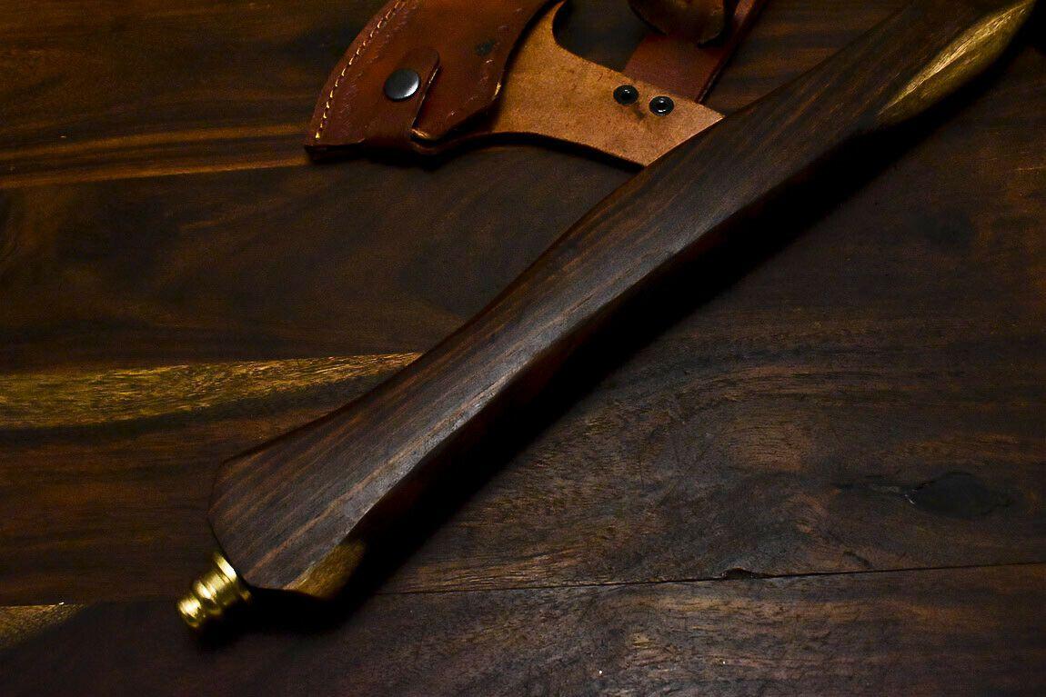Hand Forged Damascus Steel Axe Walnut Wood Hunting Axe Knife with Pipe and Leather Sheath