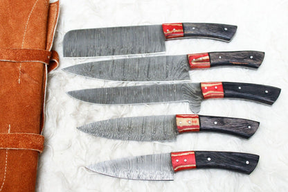 Handmade Damascus Steel Kitchen Knives 5-Piece Chef Knife Set – Fixed Blade