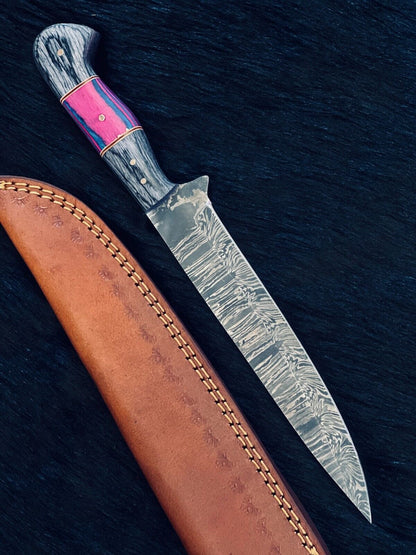 12" Handmade Fire Pattern Damascus Fillet Knife Custom Hunting & Kitchen Blade