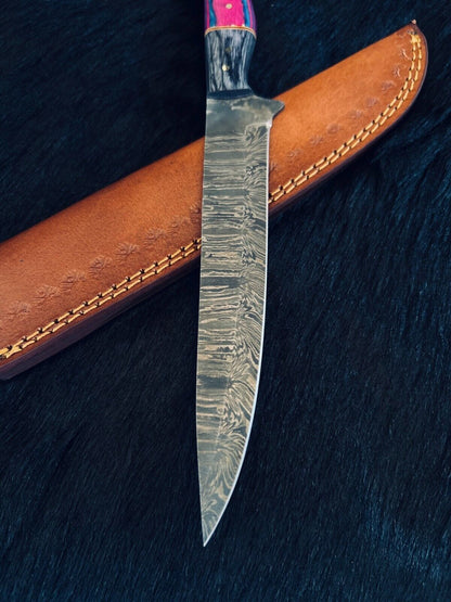 12" Handmade Fire Pattern Damascus Fillet Knife Custom Hunting & Kitchen Blade
