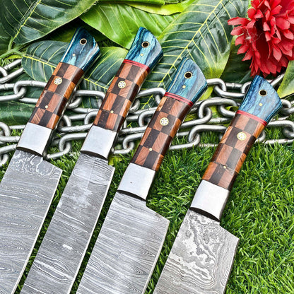 Lot of 4 Handmade Damascus Steel Full Tang Kitchen Chef Knife Set – Premium EDC Cutlery