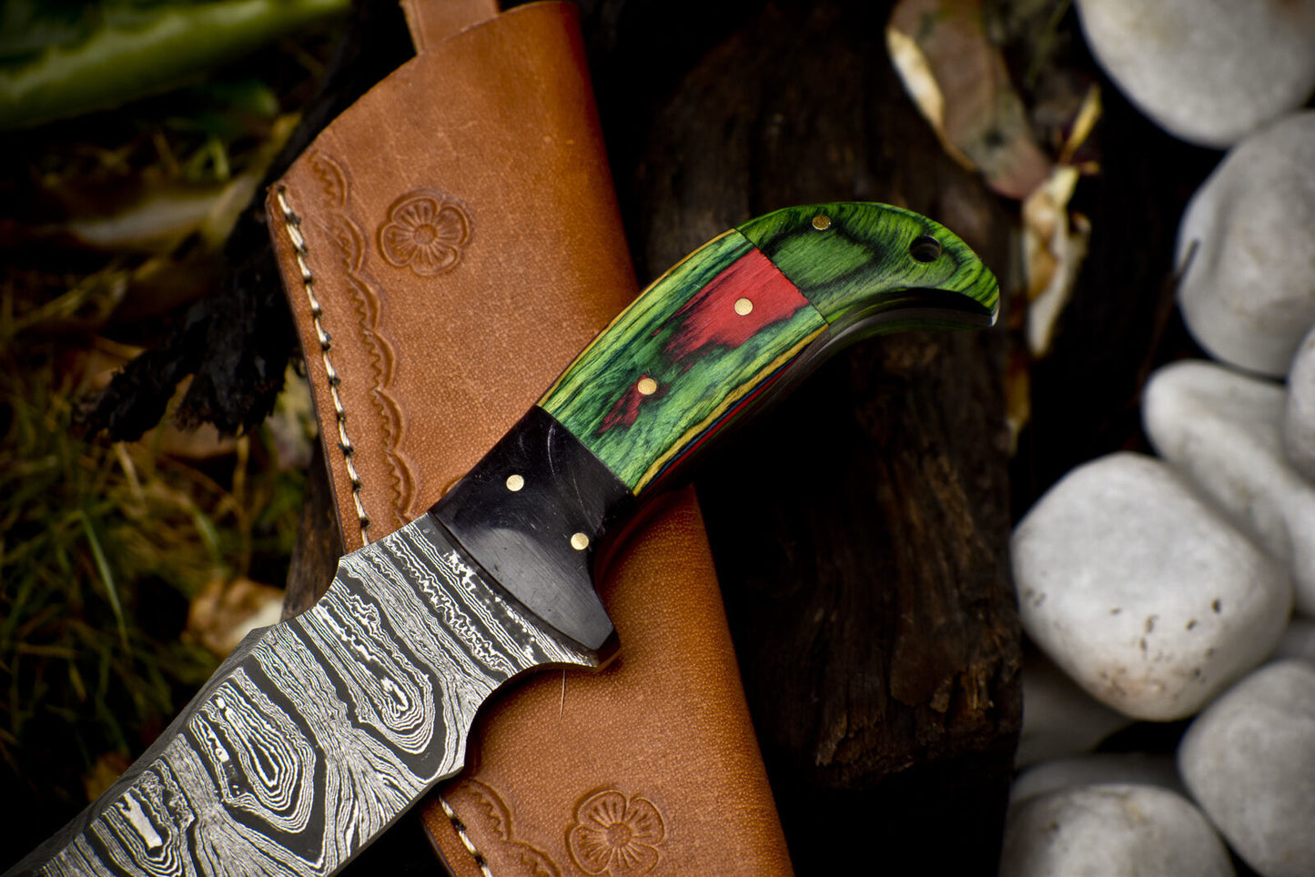 Twist Damascus Skinner Knife with Hardwood Handle and Micarta Bolster for Hunting and Camping
