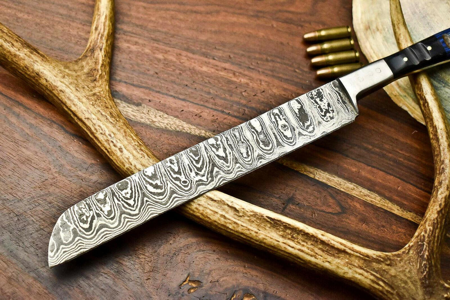 Hand Made Damascus Steel Chef Knife – Full Tang Kitchen Knife with Hard Wood Handle, 13"