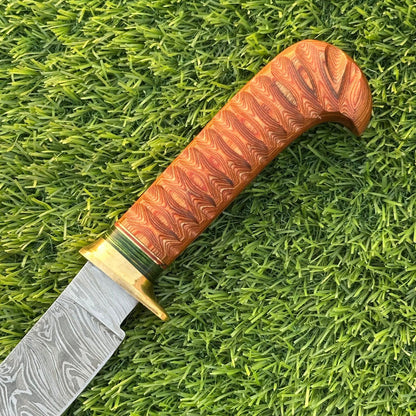 10" Damascus Bowie Knife with Wooden Handle & Brass Guard