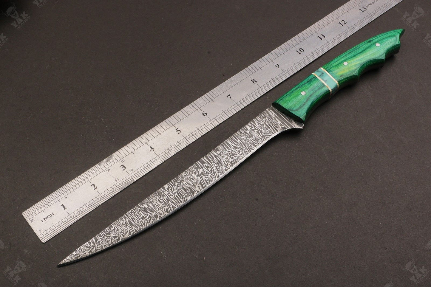 13" Damascus Fillet Knife Fire Damascus Steel Fillet Knife With Leather Sheath