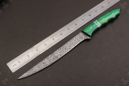 13" Damascus Fillet Knife Fire Damascus Steel Fillet Knife With Leather Sheath