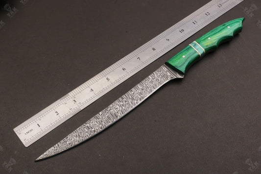 13" Damascus Fillet Knife Fire Damascus Steel Fillet Knife With Leather Sheath