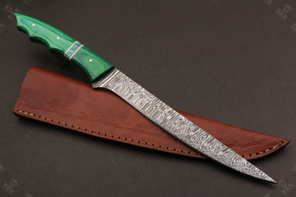 13" Damascus Fillet Knife Fire Damascus Steel Fillet Knife With Leather Sheath