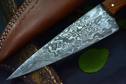 12.5" Handmade Damascus Steel Chef Knife – Custom Kitchen Knife with 7.3" Blade, Walnut Handle & Leather Sheath