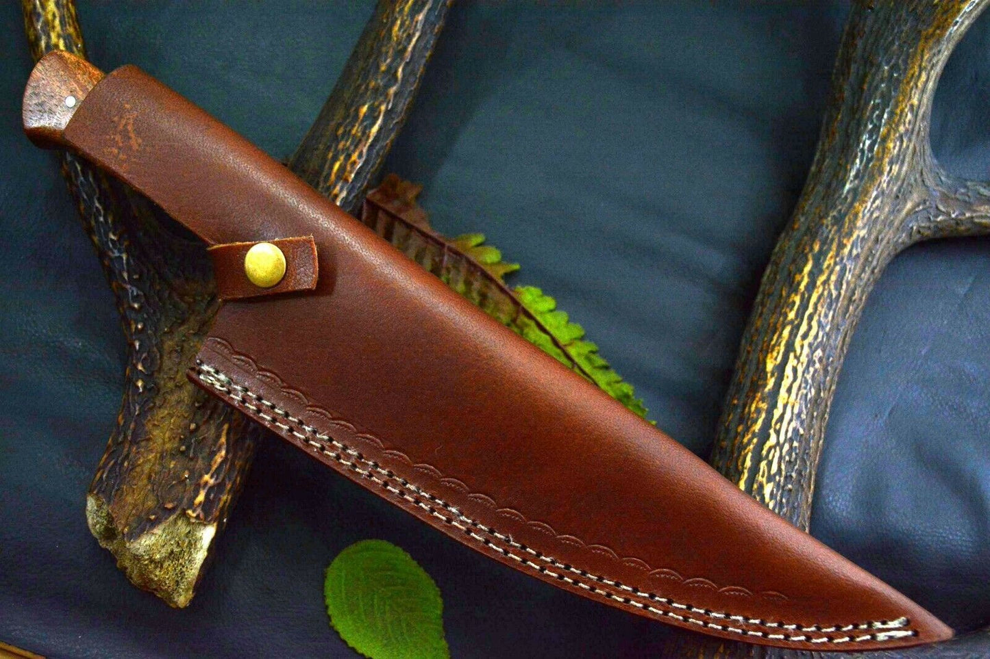 12.5" Handmade Damascus Steel Chef Knife – Custom Kitchen Knife with 7.3" Blade, Walnut Handle & Leather Sheath