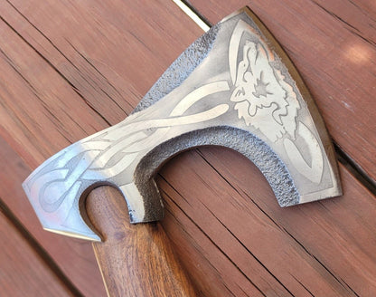 Custom Hand Forged Carbon Steel Viking Axe with Rose Wood Handle and Leather Sheath – Camping Hatchet