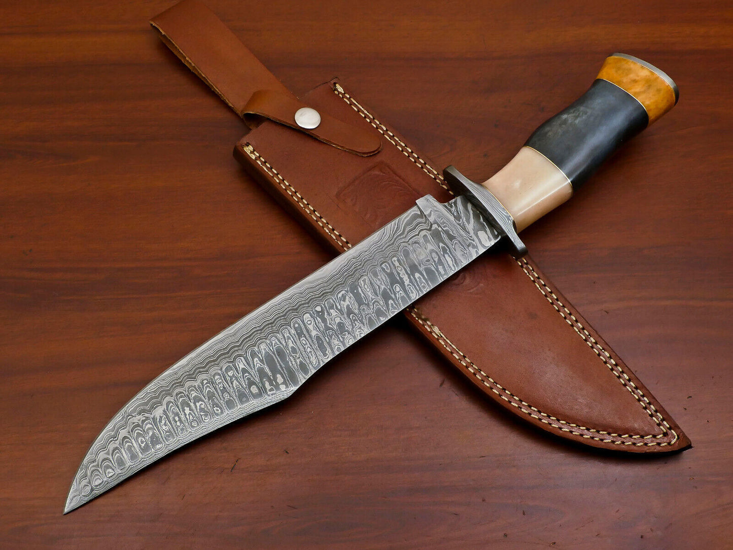 17 Inch Custom Handmade Damascus Bowie Knife with Stained Camel Bone Handle