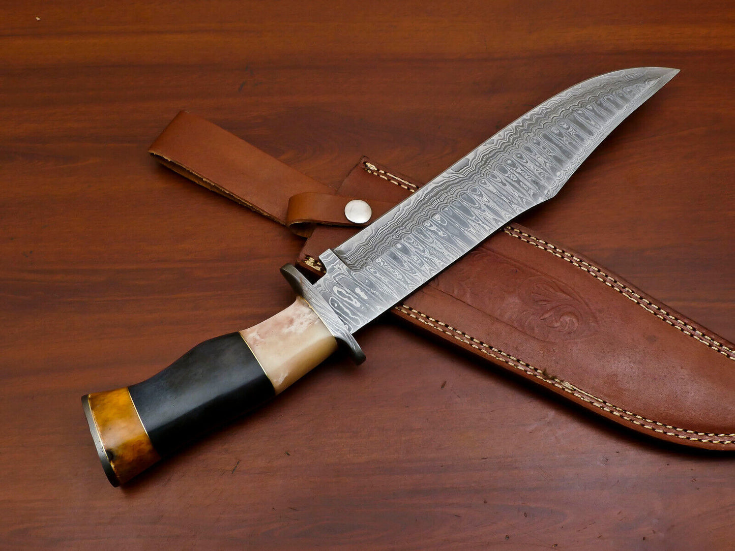 17 Inch Custom Handmade Damascus Bowie Knife with Stained Camel Bone Handle