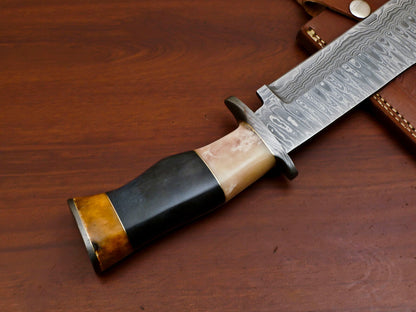 17 Inch Custom Handmade Damascus Bowie Knife with Stained Camel Bone Handle