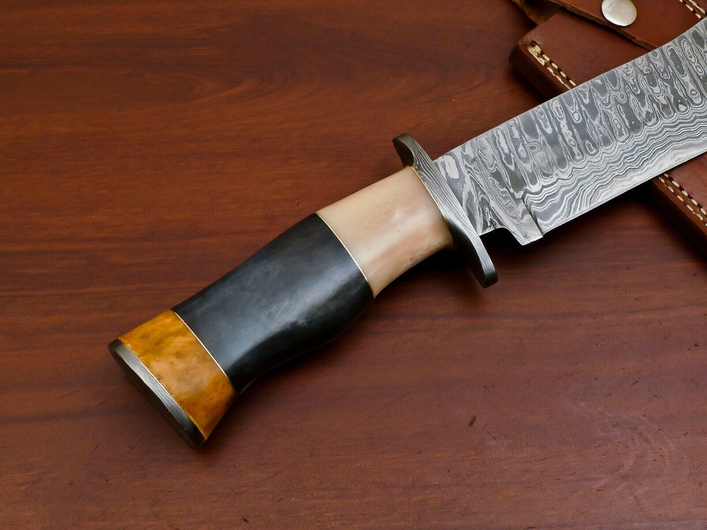 17 Inch Custom Handmade Damascus Bowie Knife with Stained Camel Bone Handle